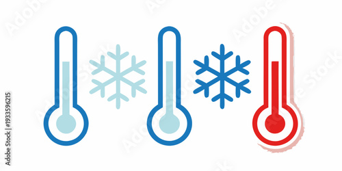 Thermometers displaying varying temperatures with snowflake icons