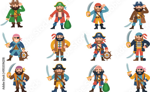 Cartoon pirate characters set with swords, eye patches and treasure bags, colorful buccaneers collection for kids vector illustration isolated