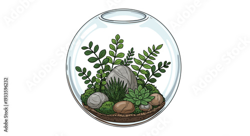 A clear, spherical glass terrarium contains a lush assortment of green ferns, succulents, and natural grey rocks over a layer of brown soil.