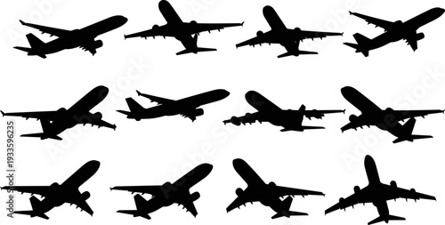 Airplane silhouettes collection, passenger aircraft vector illustration, flying aviation transport black plane silhouette set isolated design element