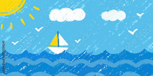 A cheerful crayon drawing depicts a sunny seascape with a sailing boat
