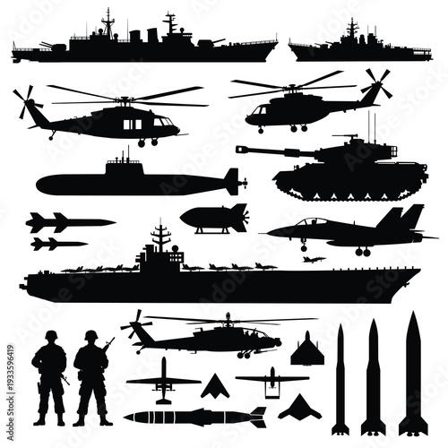 silhouettes of soldier and military equipment