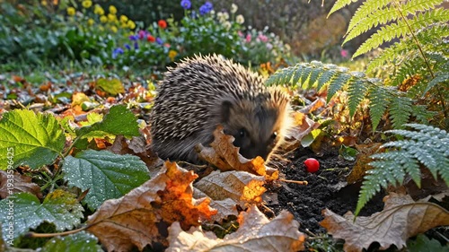 Curious hedgehog exploring vibrant autumn garden with fallen leaves and colorful flowers