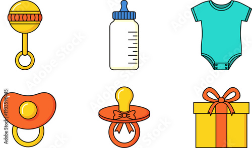 Baby care vector icon set, pacifier bottle rattle bodysuit gift illustration newborn equipment collection symbols pack