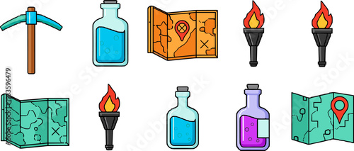 Adventure exploration vector icon set, treasure map torch potion pickaxe fantasy game illustration collection symbols pack
