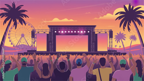 Vibrant desert music festival at sunset with crowd and stage palm trees and ferris wheel in background coachella like event with lively atmosphere and colorful sky