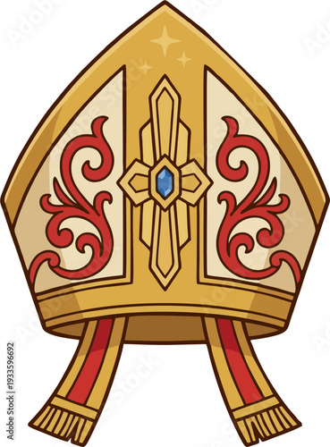 Golden Bishop Mitre with Cross and Blue Gemstone, Cartoon Vector Illustration with Red Ornamental Filigree and Hanging Ribbons