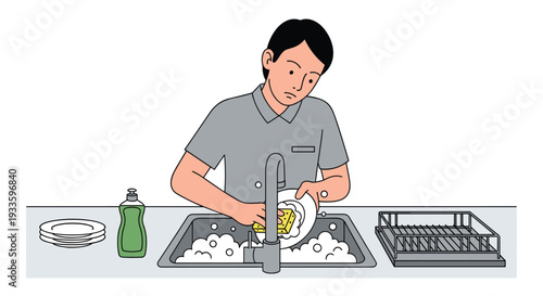 An illustrated man in a gray shirt is diligently washing a white plate with a yellow sponge in a bubbly kitchen sink with various dishwashing items.