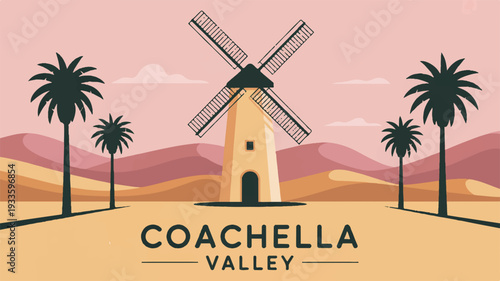 Vintage tourism poster featuring a windmill and palm trees in coachella valley desert landscape at sunset