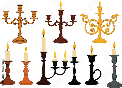 "Collection of nine candle holders with lit candles in ornate and simple designs, featuring gold, bronze, black, and gray styles for decorative art and interior design"
