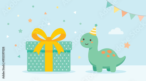Adorable dinosaur in party hat next to gift box on festive background with confetti and stars, perfect for kids' birthday party materials or children's book illustrations