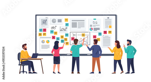 Six business professionals are actively collaborating around an expansive whiteboard densely covered with charts, sticky notes, and documents, engaging in a dynamic project planning session.