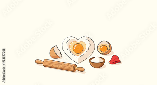 Charming baking ingredients, including a heart-shaped fried egg, a cracked egg, a rolling pin, a small bowl of flour, and a red cloth, are neatly arranged on a light beige background.