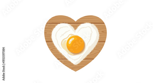 A single cracked egg with a bright yellow yolk is nestled within a heart-shaped flour outline on a wooden board.