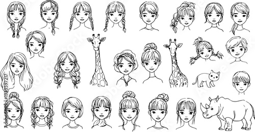 Cute cartoon girls' faces with diverse hairstyles and animal illustrations like giraffes, cat, rhino. Hand-drawn black and white line art vector set.
