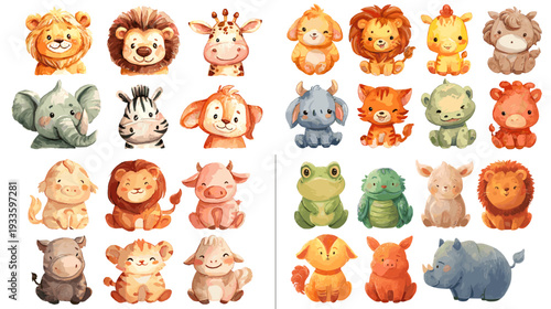 Cute cartoon animal character collection with colorful safari and farm mascots, chibi style creatures arranged in a grid, isolated on white background for kids design