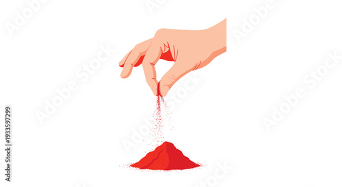 A light-skinned hand with pinched fingers sprinkles vibrant red granular powder onto a small conical pile on a white background.