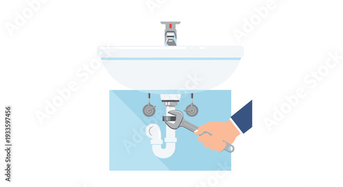 A human hand in a blue sleeve uses a silver wrench to tighten a pipe connection beneath a white ceramic sink with a faucet.