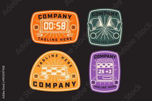 Motocross raceway accessories retro badge logo design set for racing event. Timer board, Crossed flags, Finish barrier, Lap counter vintage patch symbol graphic pack for sport championship