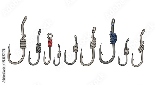 A horizontal row of nine distinct silver fishing hooks, each featuring unique grey, red, or blue thread wraps, is displayed on a white background.