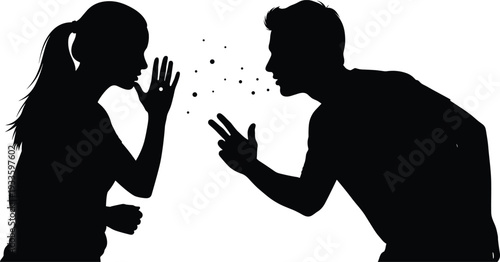 Black silhouette of a woman whispering a secret to a man representing rumors, gossiping, confidential communication, spreading news, private talk, and social interaction
