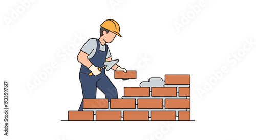 An illustrated construction worker wearing a yellow hard hat and blue overalls is meticulously laying red bricks with a trowel on a white background.
