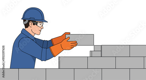 An illustrated construction worker wearing a blue hard hat and orange gloves is carefully placing a gray concrete block onto a wall on a white background.