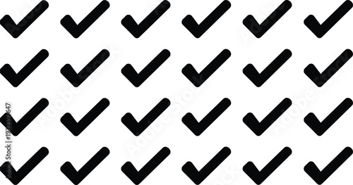Collection of black checkmark icons and tick symbols in various styles and weights isolated on white background for approval or task completion designs.