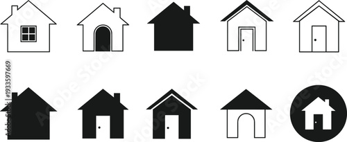Collection of black house and home icons with various architectural styles and outline designs isolated on white background for real estate and web.