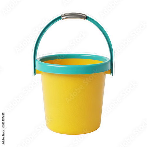 A yellow bucket with a green handle and rim isolated on transparent background