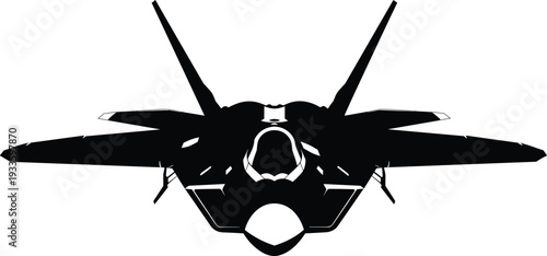Front view silhouette of a modern stealth fighter jet aircraft in flight, air force military aviation technology and national defense security concept on white