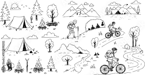 Hand-drawn set of outdoor adventure elements including camping tents, campfires, mountains, hikers, and cyclists, perfect for nature and travel designs.