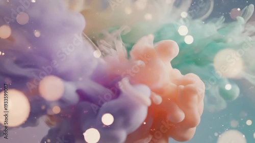 Colorful smoke swirls and particles creating abstract dynamic motion in soft lighting