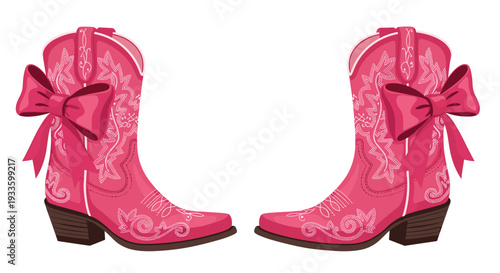 Two individual pink cowboy boots, each featuring a large solid pink bow and white decorative stitching, are displayed on a simple white background.