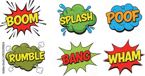Comic sound effects collection set, boom splash poof rumble bang wham text bubbles, colorful pop art explosion speech elements illustration