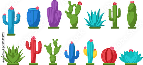 Colorful cartoon cactus collection, cute desert plants illustration, modern flat vector set for stickers, prints, and branding design, elements pack