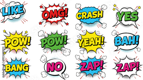Comic speech bubbles collection, pop art text effects vector illustration, cartoon explosion message sticker set design