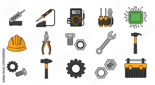A collection of fifteen diverse engineering and repair tools, including soldering irons, a multimeter, wrenches, and a hard hat, are neatly arranged on a pristine white background.