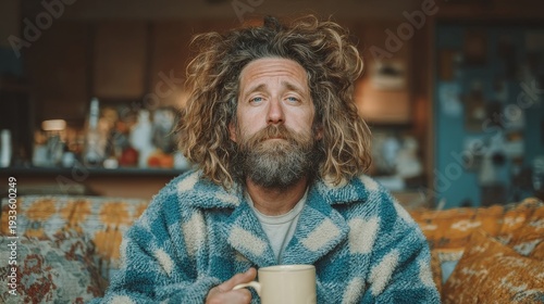 Sleepy unshaved man in pajamas holding coffee mug and glass of water in messy living room, morning after party mood with natural tones and realistic lifestyle humor.
