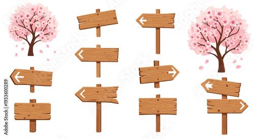 Ten rustic wooden directional signs, including both arrow-shaped and rectangular planks, are artfully arranged alongside two full pink cherry blossom trees on a pristine white background.
