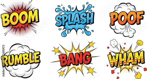Comic sound effects boom splash bang pop art vector illustration explosion text collection design elements set