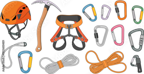 Climbing equipment set helmet harness carabiner rope ice axe vector illustration mountaineering gear collection design