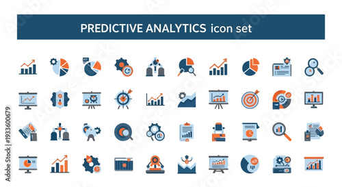 Predictive analytics icon set collection in flat style. Icon pack contains forecast, model, algorithm, trends, data, insights, pattern, analytics, future