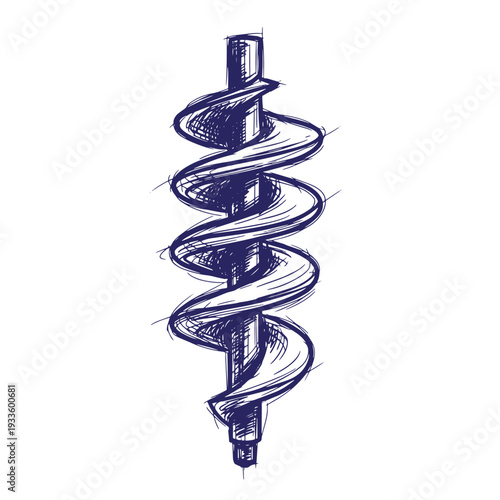 Hand drawn illustration of a drill bit with spiral flutes on white background  industrial tool