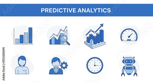 Predictive analytics icon set collection in flat style. Icon pack contains forecast, model, algorithm, trends, data, insights, pattern, analytics, future