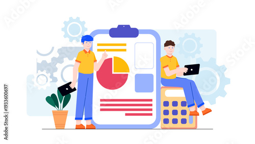 Two employees analyzing financial charts on a large clipboard with gear icons and a calculator in a flat design style