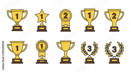 A diverse collection of ten distinct gold-colored trophies and awards, featuring cups, star shapes, and laurel wreaths with numbers, is neatly arranged in two rows on a pristine white background.