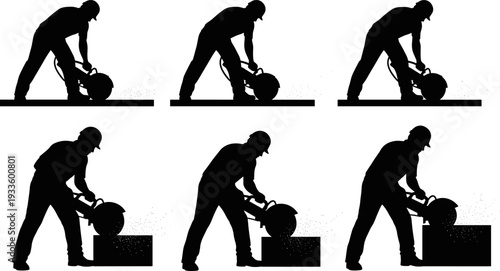 construction worker cutting concrete, circular saw silhouette set, industrial builder vector illustration, isolated labor activity, tool operation collection