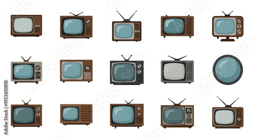 A comprehensive collection of fifteen distinct retro television sets, varying in design, color, and screen appearance, is neatly arranged in three rows on a neutral white background.