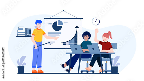 A professional leading a business strategy session with a team using a large display chart